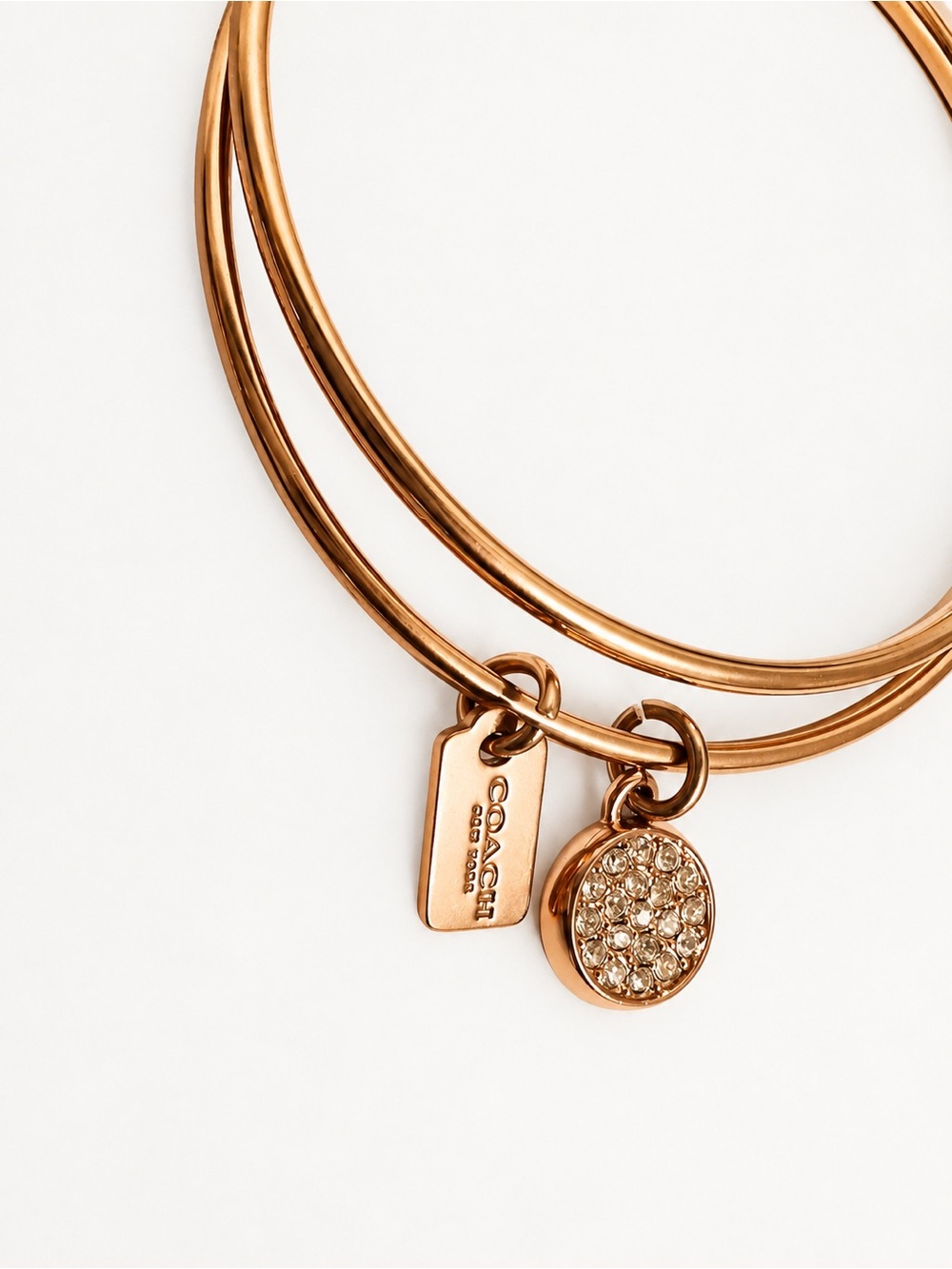Coach Rose Gold Tone Bangle Bracelet Set Crystal Pavé Charm Stackable